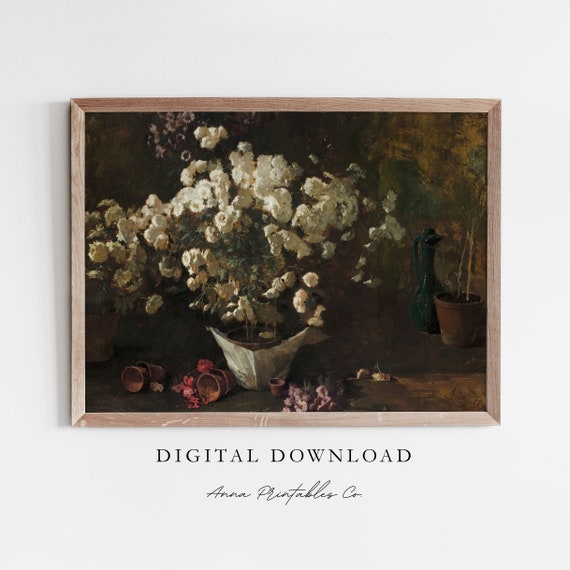 White Chrysanthemums Antique Still Life Painting For Moody Floral Farmhouse Wall Art Dark Academia Print