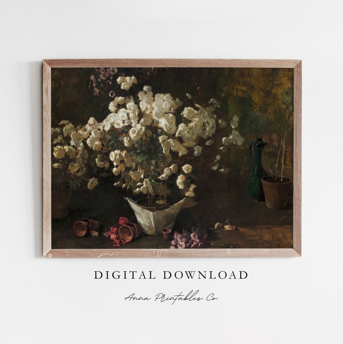 White Chrysanthemums Paper Wrap Dark Moody Floral Still Life Poster
