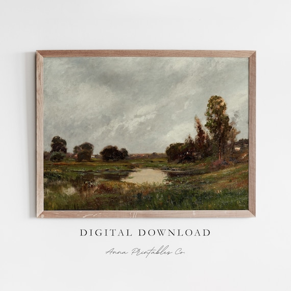 Marsh Pond Under Stormy Gray Sky Moody Wetland Landscape Print