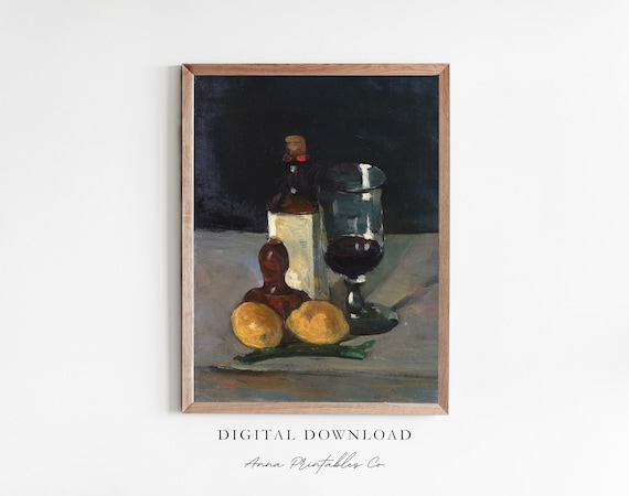 Still Life with Bottle Wine Glass and Lemons Bold Oil Painting Print