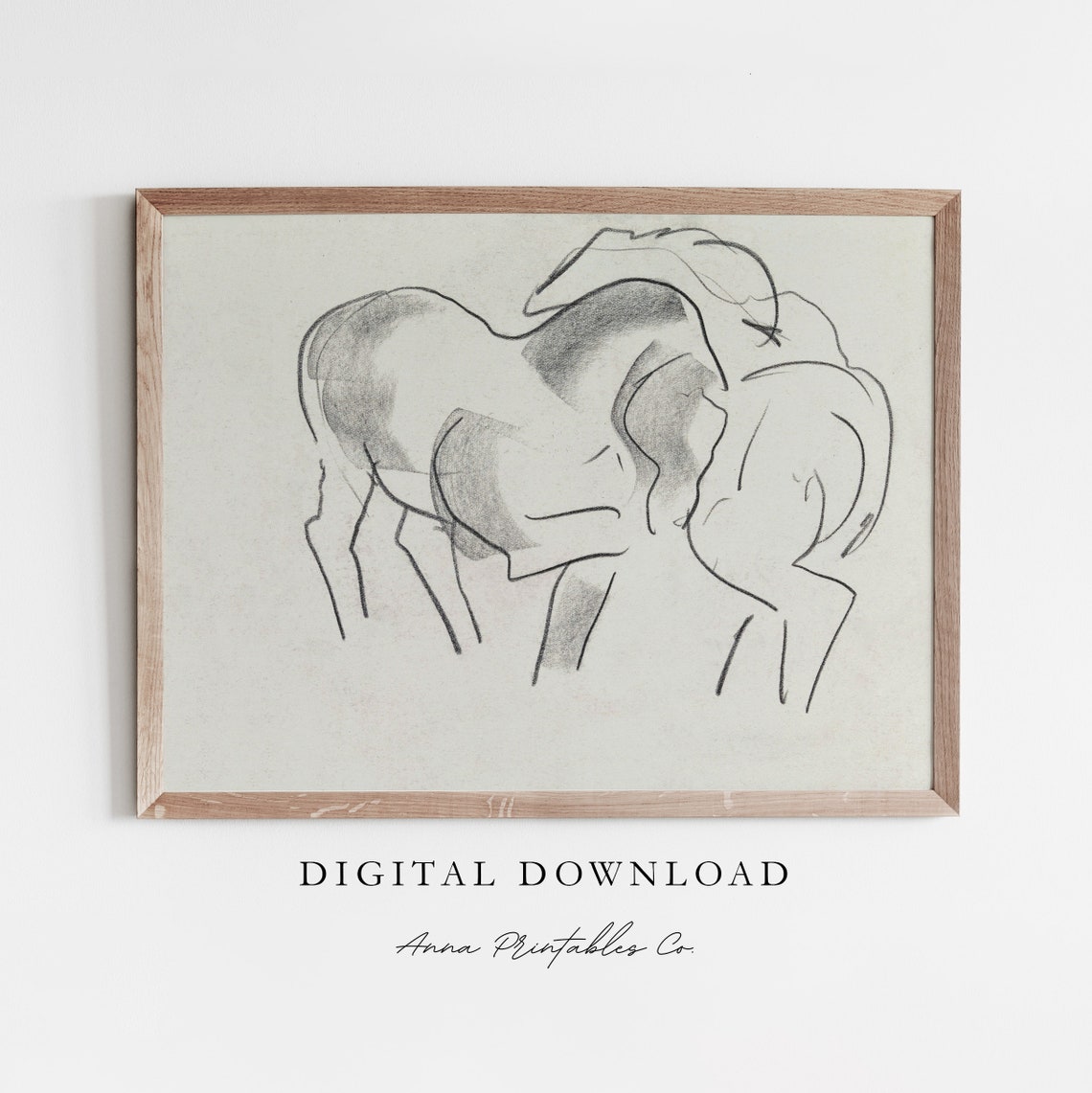 Antique Two Horse Study Vintage Charcoal Sketch Drawing Poster