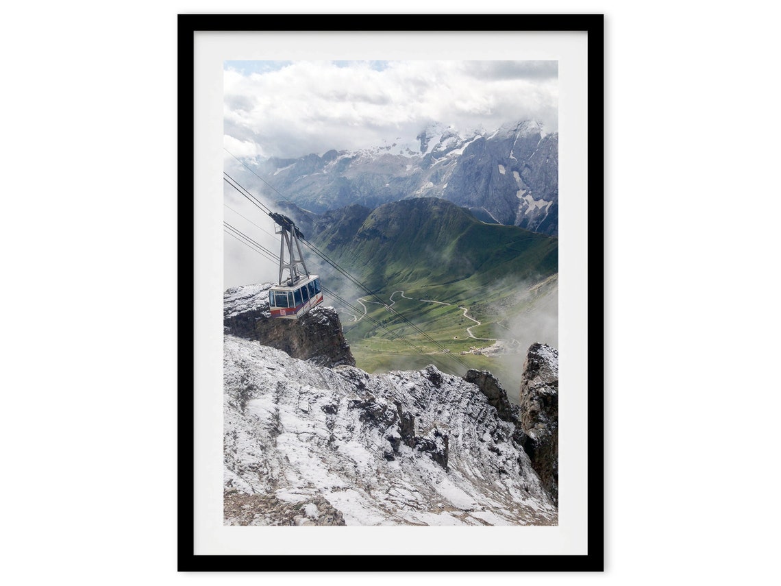 Dolomites Italy Cable Car Over Snowy Alpine Peaks Valley Vista Poster