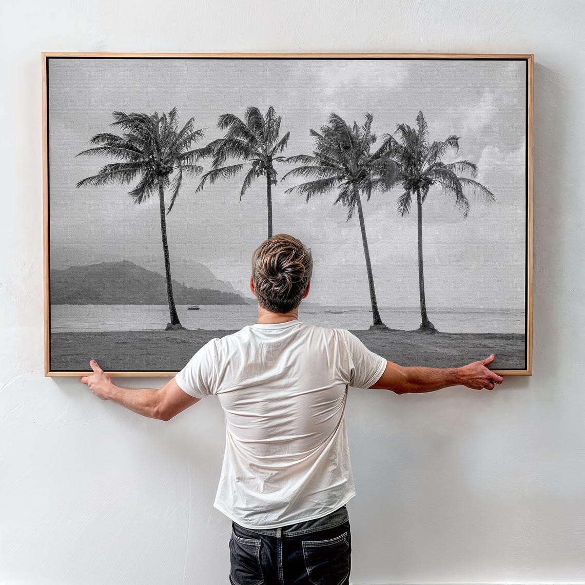 Black And White Palm Trees Beach Sea Cliffs Ocean View Hawaii Poster - Image 4