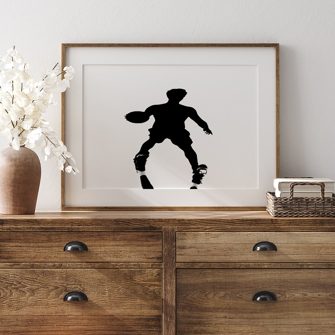 Basketball Player Silhouette Mid Air Dunk Black And White Sports Print - Image 5