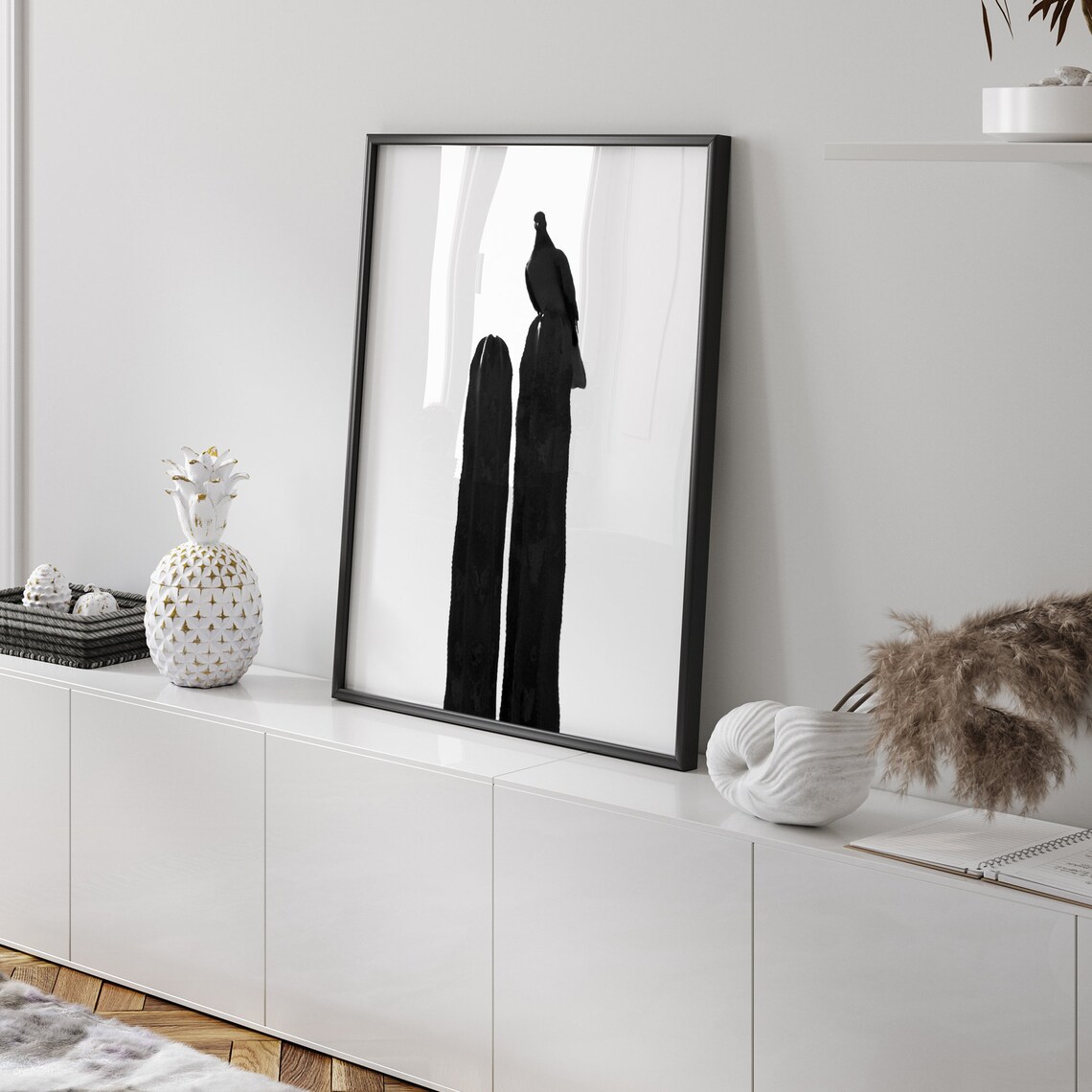 Bird Silhouette On Cactus Black And White Minimalist Desert Print - Image 2