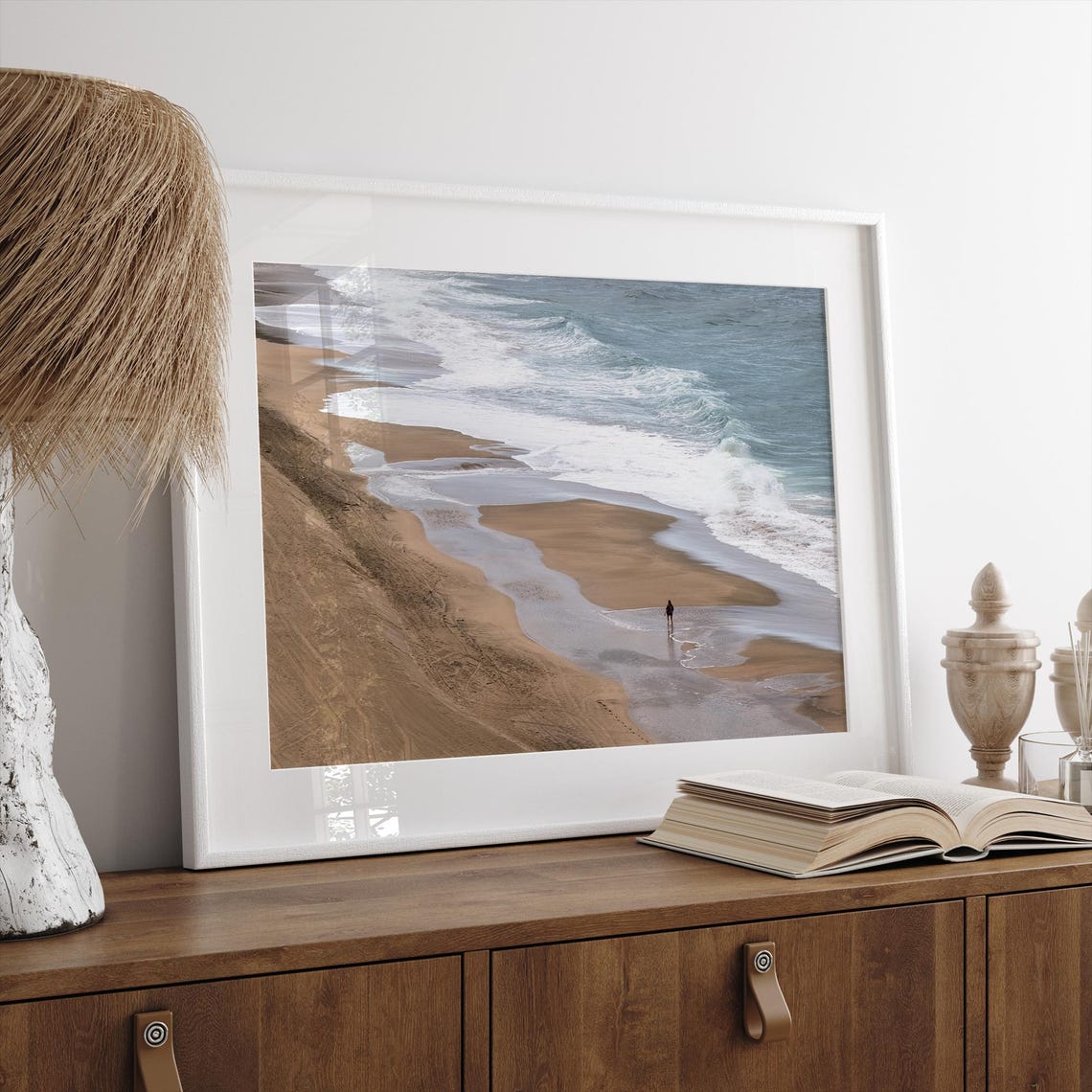 Aerial Beach Shoreline Waves Sandy Coast Lone Walker View Poster - Image 2
