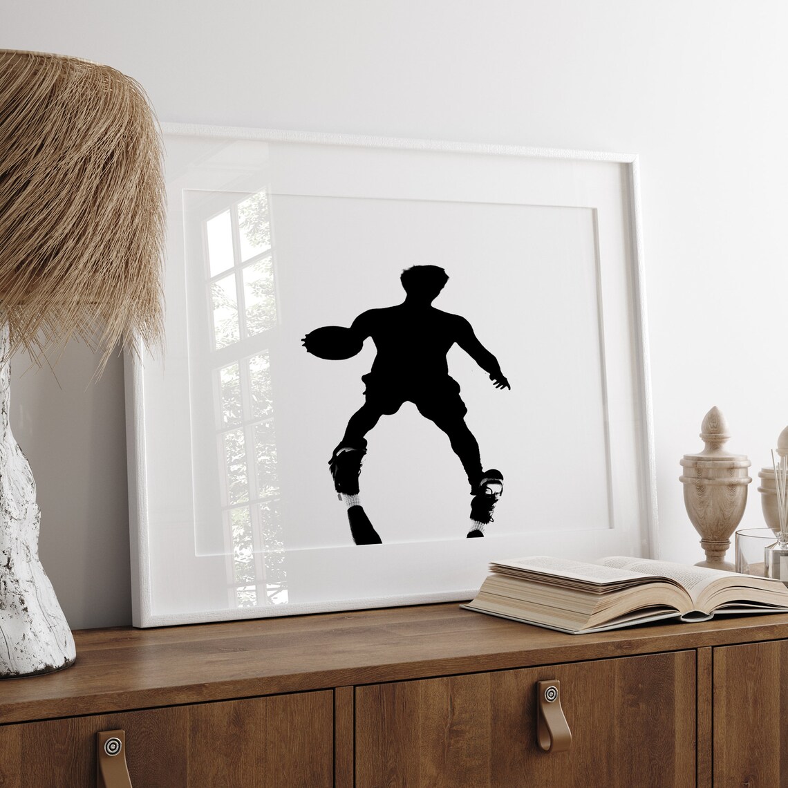 Basketball Player Silhouette Mid Air Dunk Black And White Sports Print - Image 4