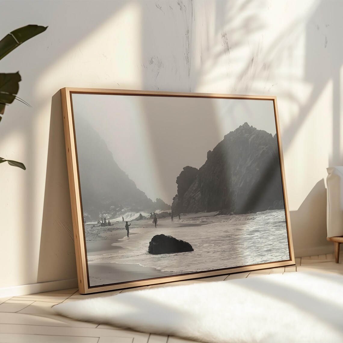 Black And White Beach People Walking Rocky Cliffs Foggy Coast Poster - Image 3