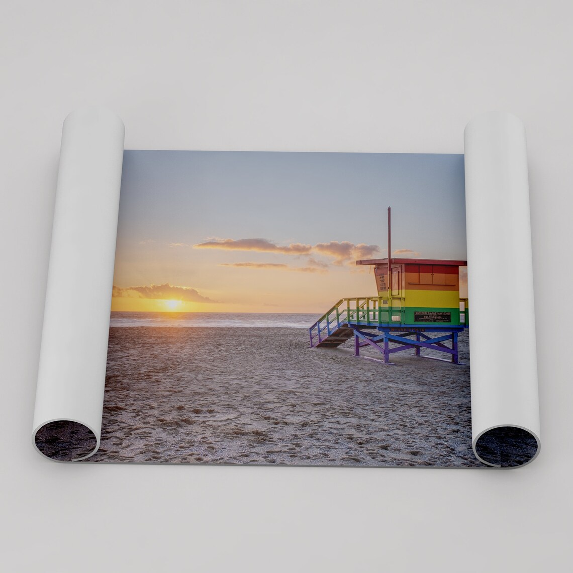 Venice Beach Rainbow Lifeguard Tower Sunset Ocean Sand View Poster - Image 3