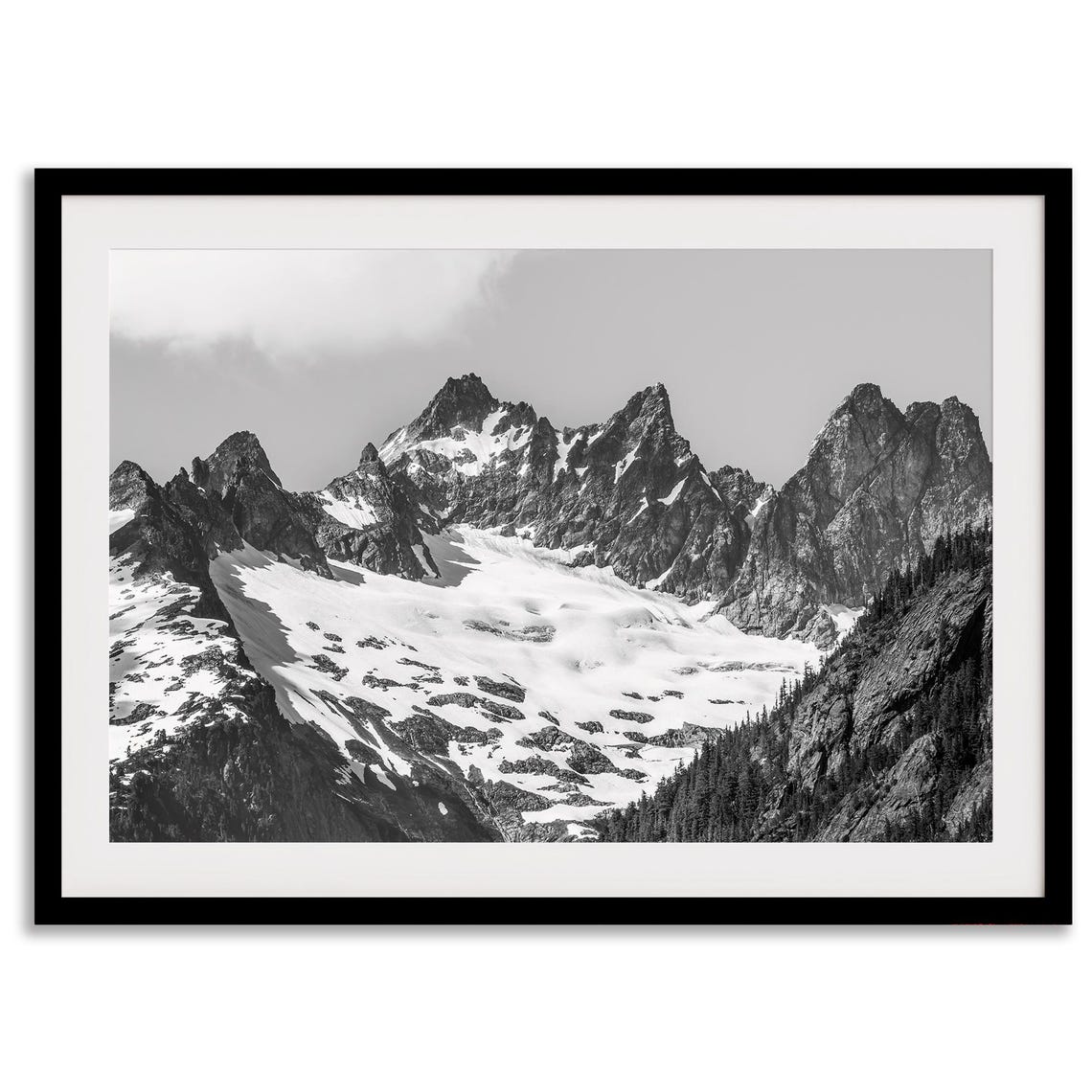 Black And White Snow Capped Mountain Peaks Glacier Ridges Poster