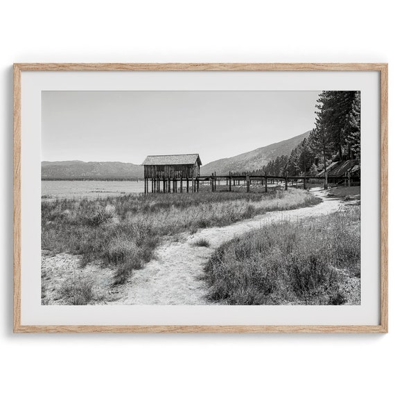 Rustic Boathouse Lake Tahoe Print Western Vintage Style Fine Art Photography Lake Tahoe Black And White Wall Art For Home Decor