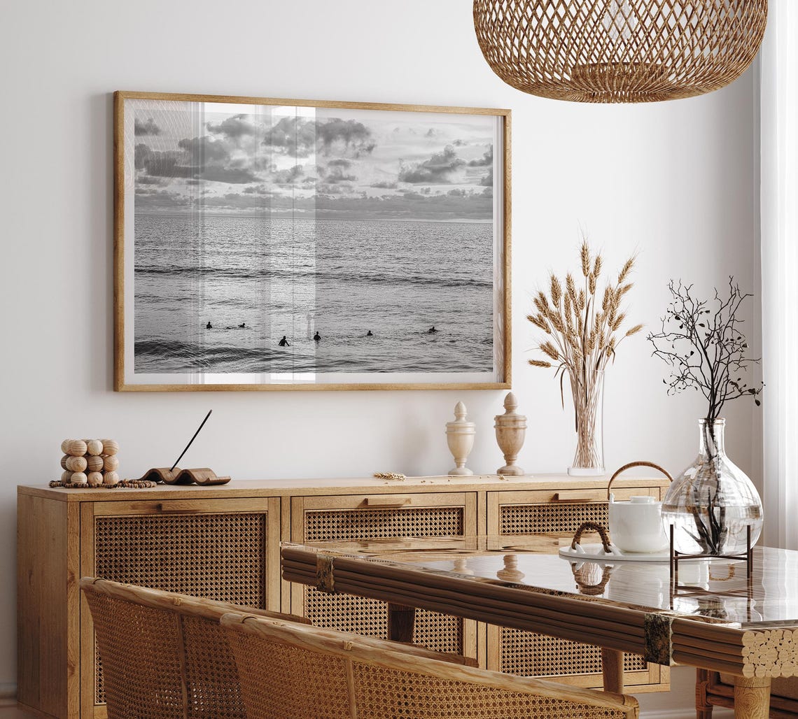 Black And White Surfers Waiting Waves Ocean Sunset Clouds Poster - Image 3