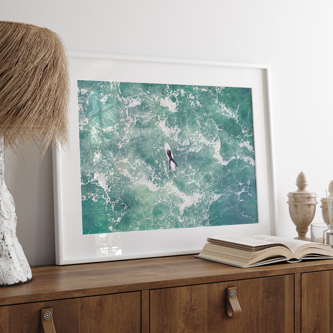 Aerial Surfer Paddling Turquoise Ocean Overhead Surf Board View Poster - Image 2