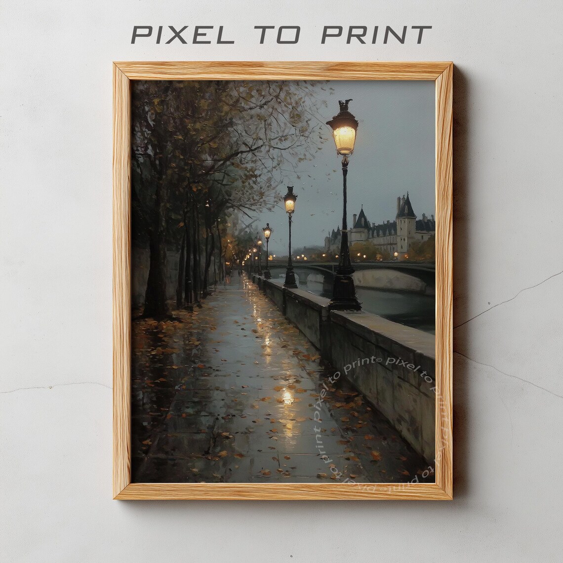 Rainy Autumn Embankment Lit Street Lamps Moody Night Art Poster