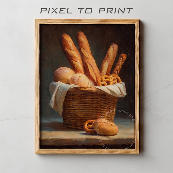 French Baguettes Bread Basket Rustic Bakery Oil Painting Poster