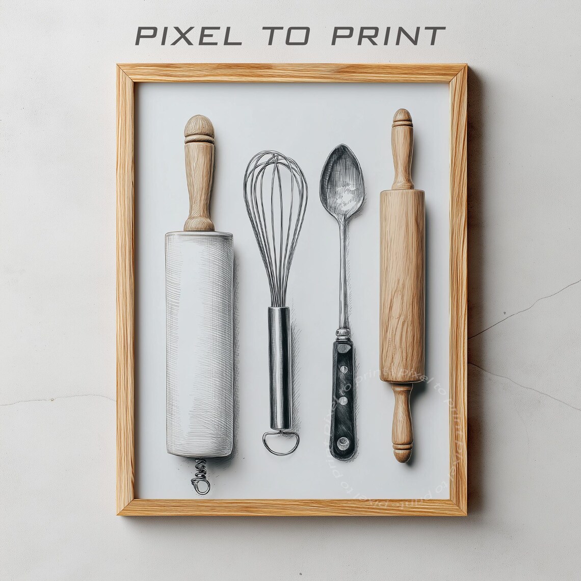 Pencil Sketch of Kitchen Utensils Rolling Pin Whisk Spoon Poster