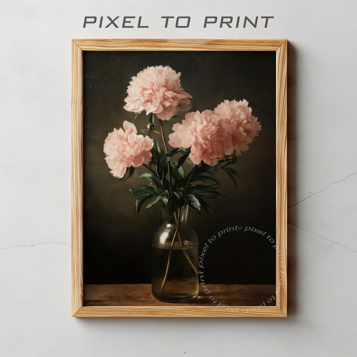 Pink Peonies in Glass Vase Dark Floral Still Life Painting Poster