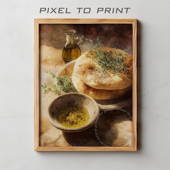 Rustic Pita Bread Sesame Fresh Herbs Olive Oil Dipping Kitchen Print