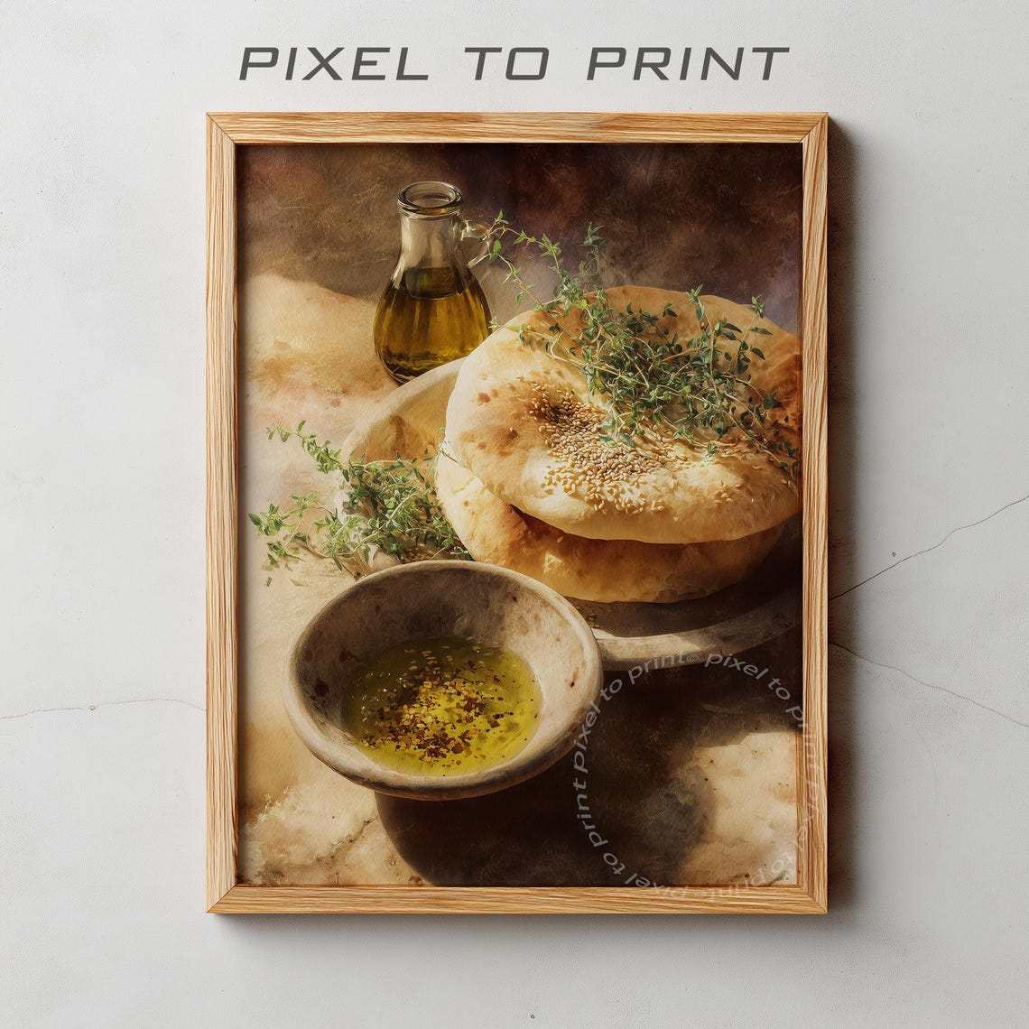 Rustic Pita Bread Sesame Fresh Herbs Olive Oil Dipping Kitchen Print