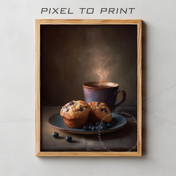 Coffee Cup and Blueberry Muffins Moody Still Life Kitchen Art Print