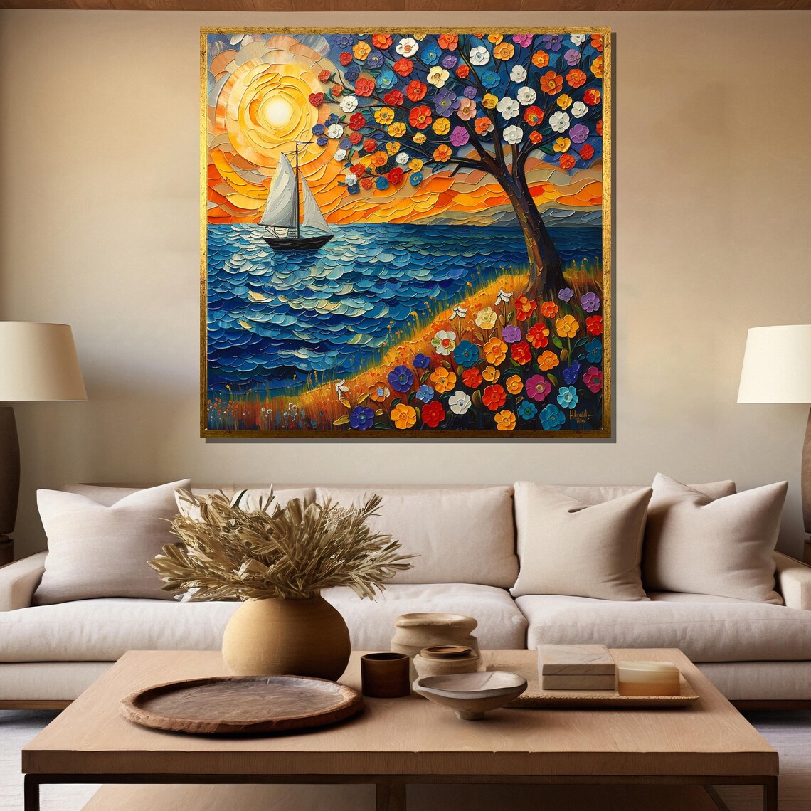 Colorful Floral Tree by the Sea With Sailboat Mosaic Style Poster - Image 5