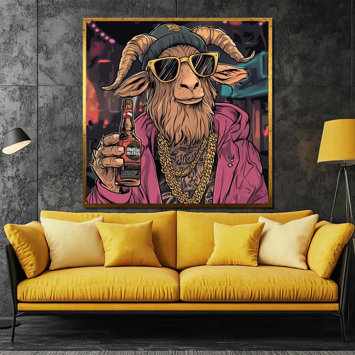 Hip Hop Goat in Sunglasses Holding a Bottle at a Party Poster