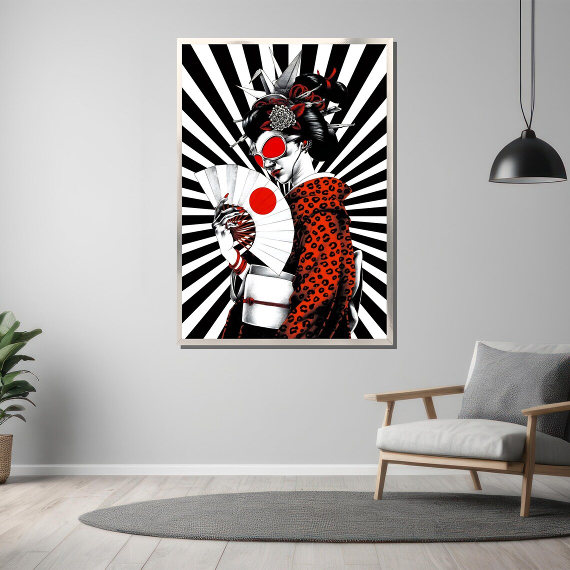 Japanese Geisha Red Black Fan Sunburst Graphic Art Elegant Poster - Image 3