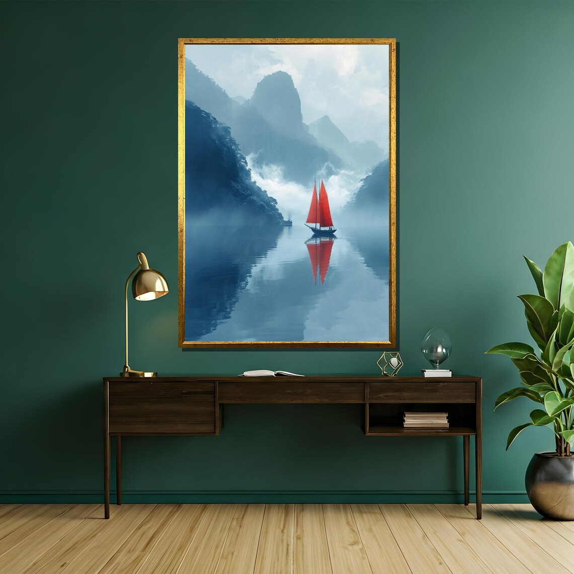 Red Sailed Boat on Misty Asian Mountain Lake Serene Painting Poster - Image 5