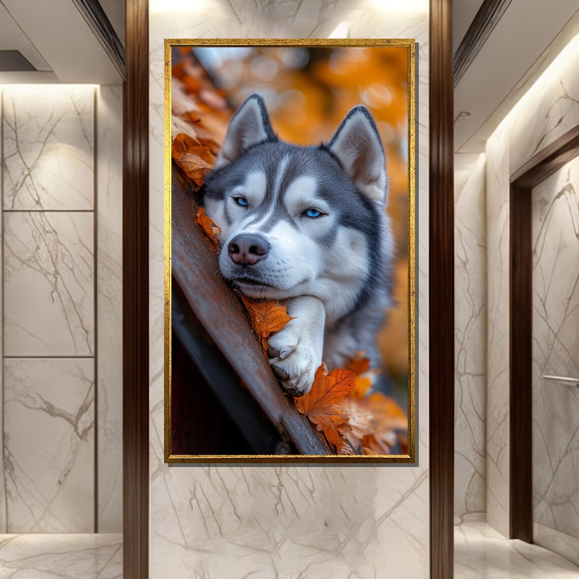 Siberian Husky Blue Eyes Autumn Leaves Resting Dog Art Poster