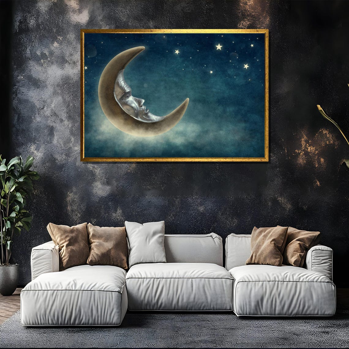 Vintage Crescent Moon Face Among Stars Celestial Night Sky Poster - Image 5
