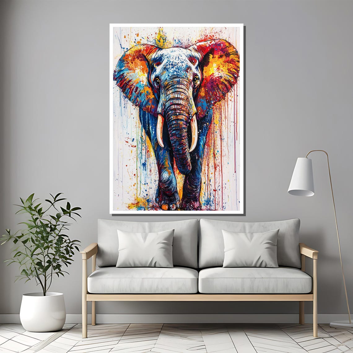 Rainbow Giant Colorful Splatter Elephant Walking Forward Art Poster - Image 2
