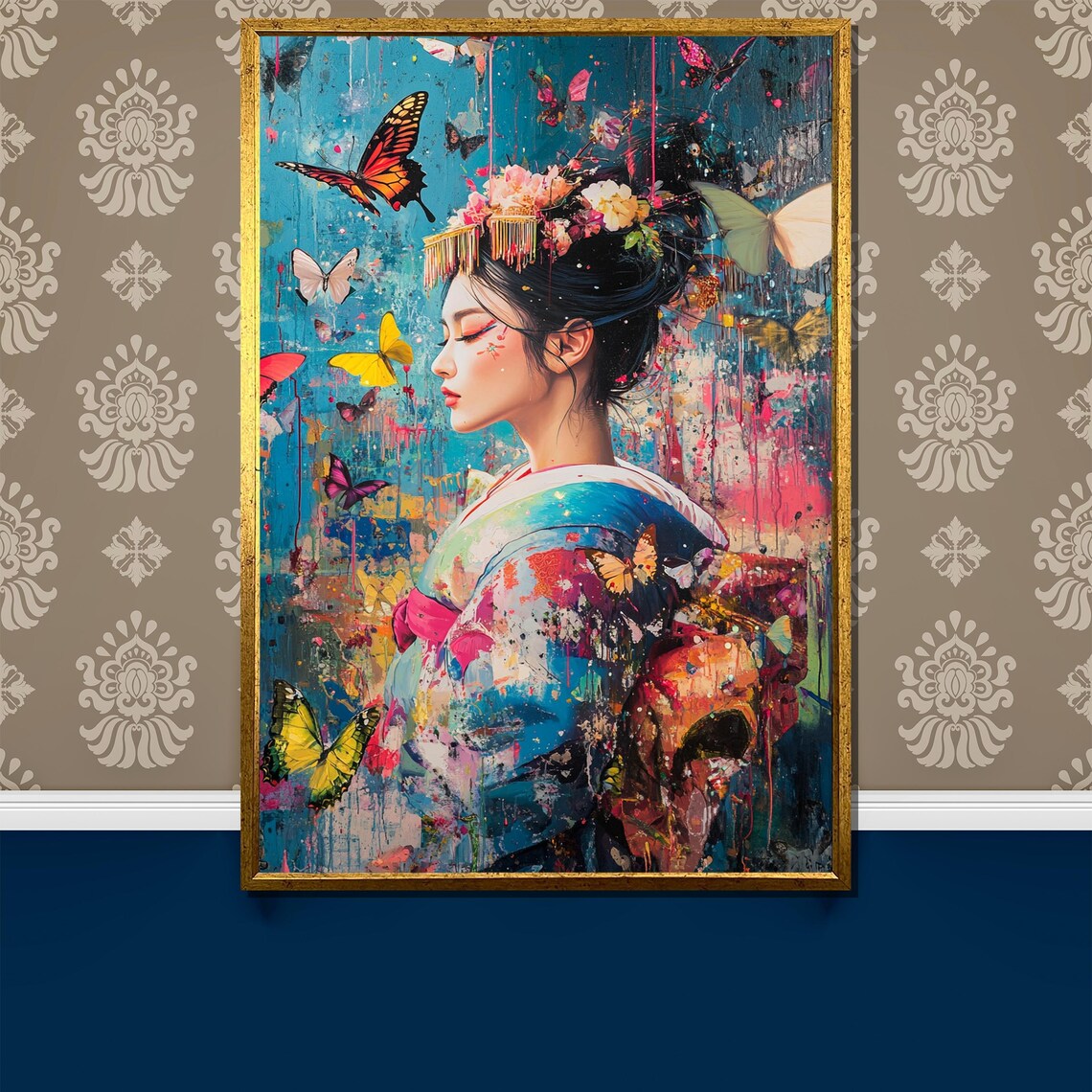 Serene Geisha Among Butterflies Dreamy Teal Splash Art Poster