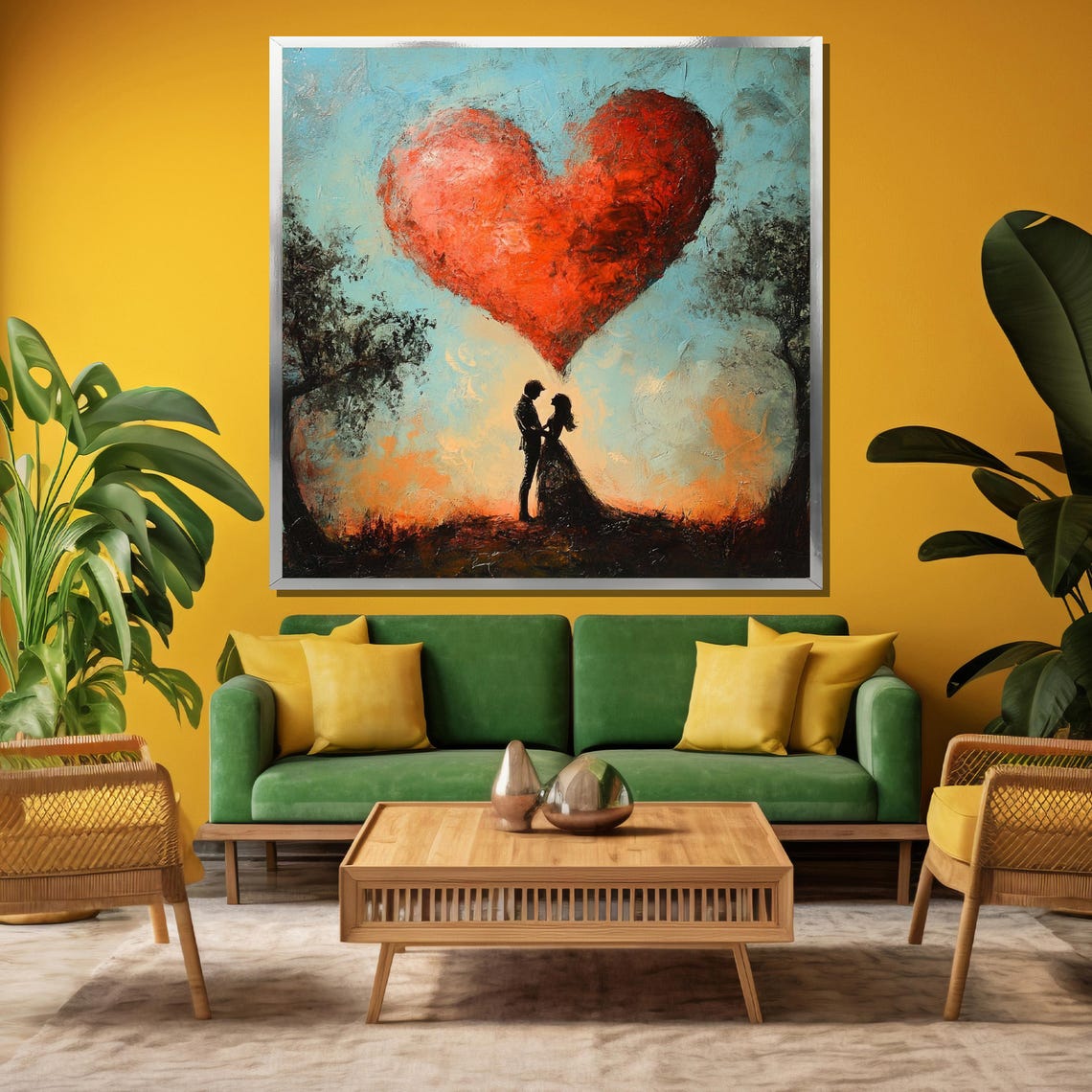 Couple Silhouette Under Giant Red Heart Romantic Love Art Poster - Image 3