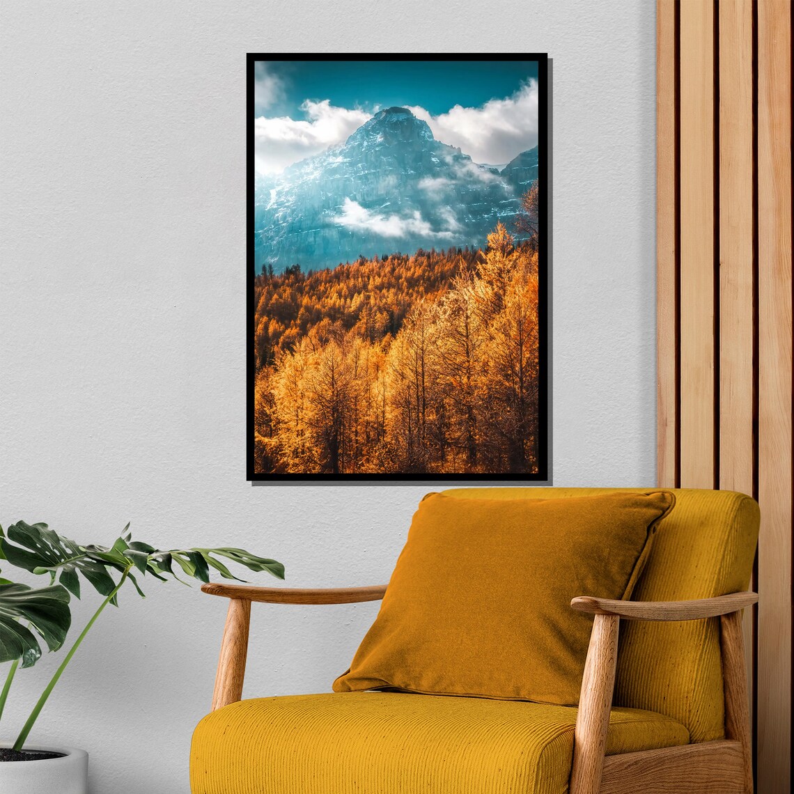 Golden Autumn Larch Forest Below A Towering Snowy Mountain Peak Poster - Image 4