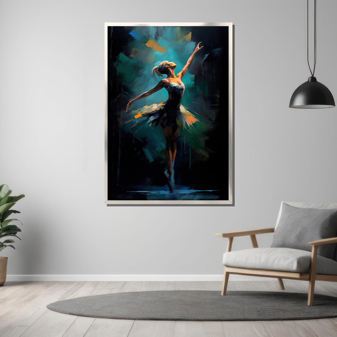 Ballerina in Glowing Tutu Reaching Up Teal Light Painting Poster - Image 3