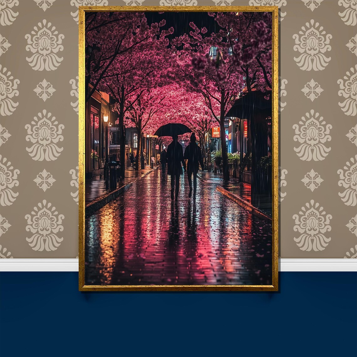 Cherry Blossom Rain Night Couple Under Umbrella City Street Poster