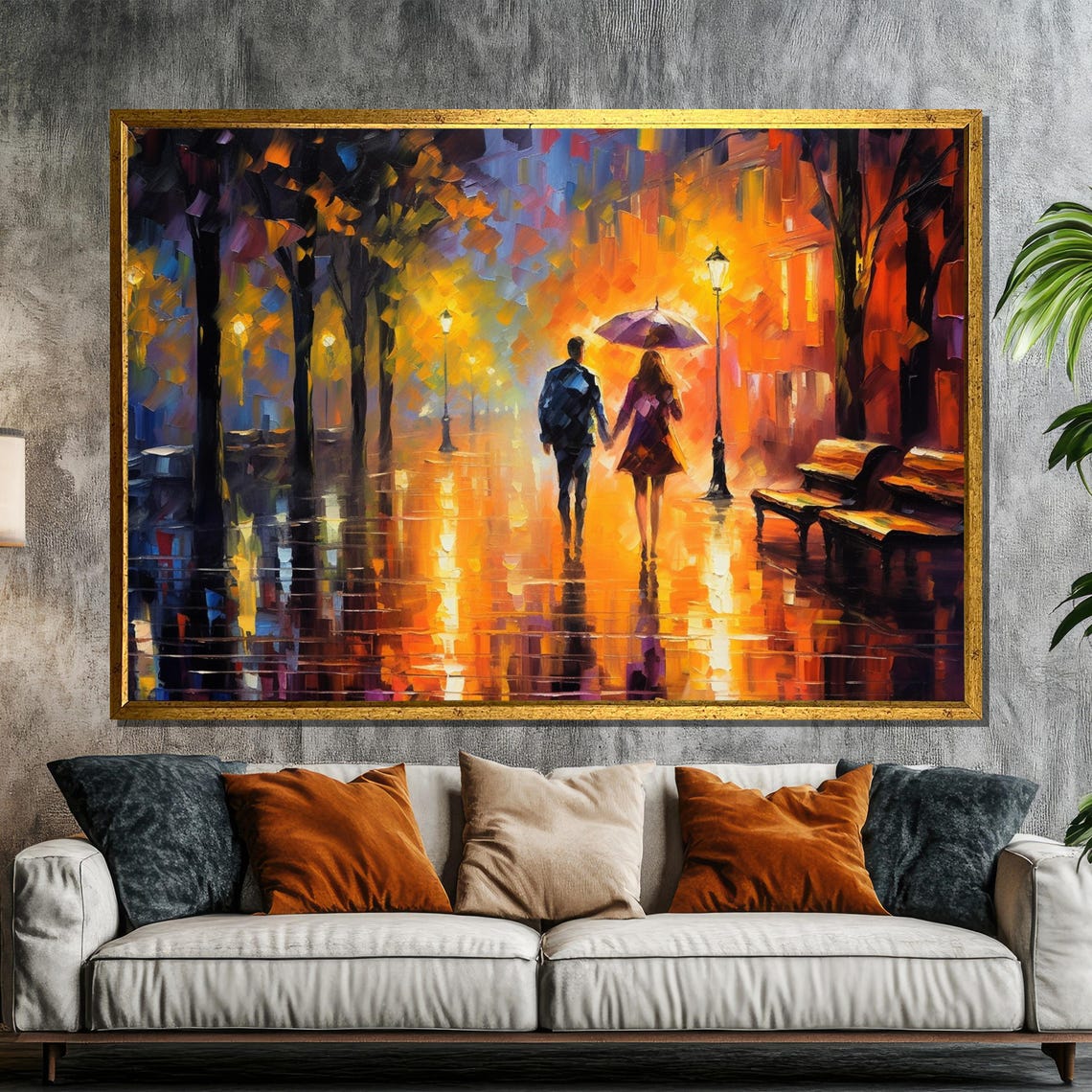 Colorful Rainy Street Couple Stroll Impressionist Joy Art Poster