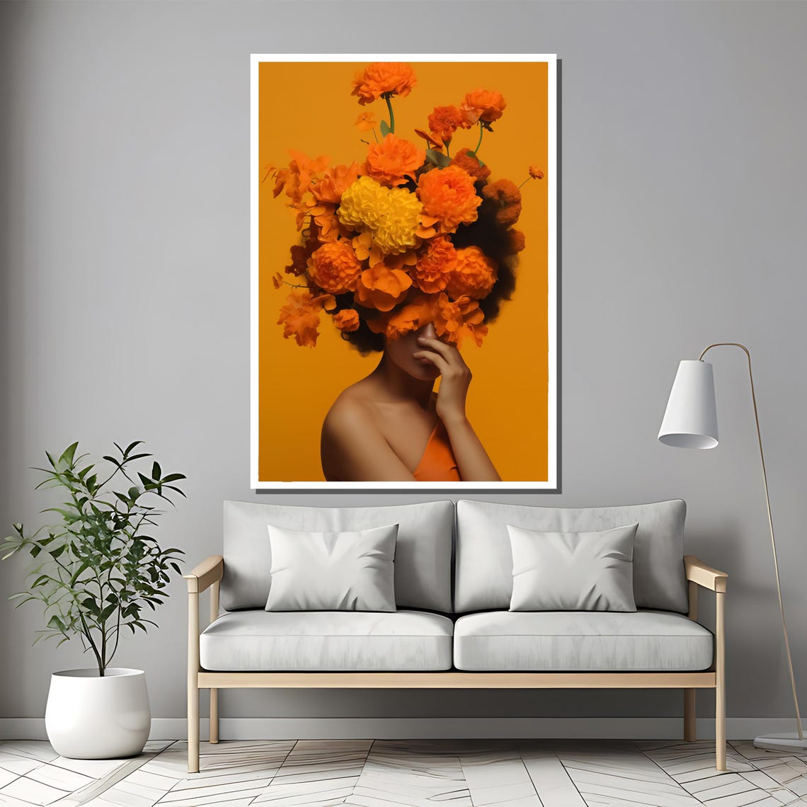 Orange Floral Crown Woman Painting Bold And Vibrant Art Gift For Modern Home Decor And Unique Wall Accent - Image 2
