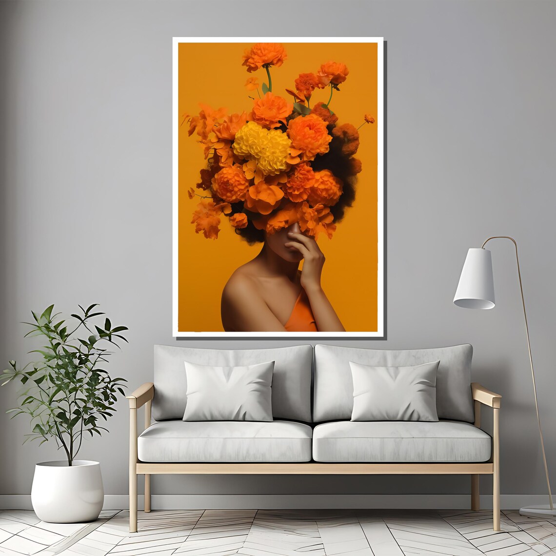 Orange Marigold Crown Woman Bold Botanical Portrait Art Poster - Image 2