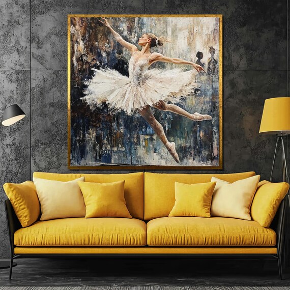 Graceful Ballerina Leaping in White Tutu Textured Oil Art Poster