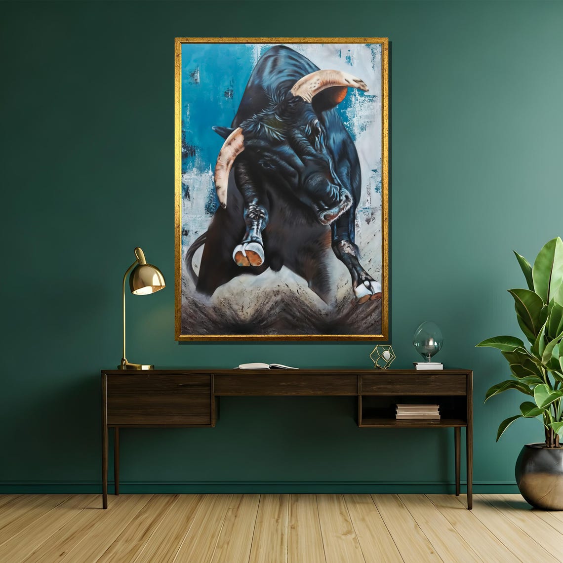 Charging Black Bull Painting Bold Turquoise Wildlife Art Poster - Image 5