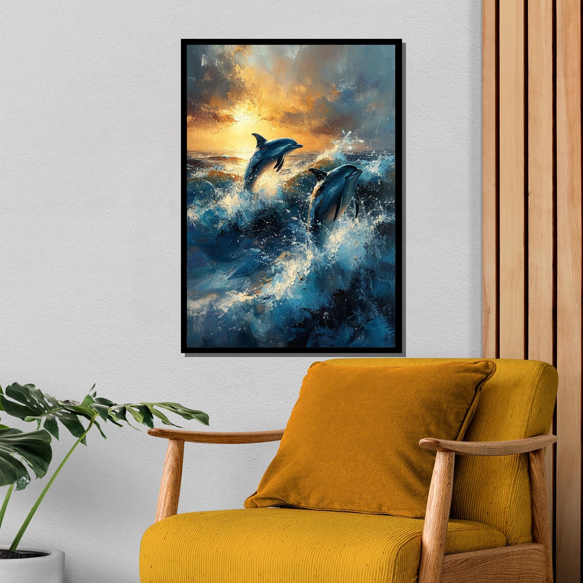 Two Dolphins Leaping Through Ocean Waves at Sunset Wildlife Painting Poster - Image 4