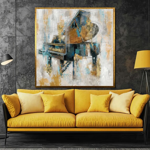 Abstract Gold and Blue Grand Piano Modern Brushstroke Art Poster