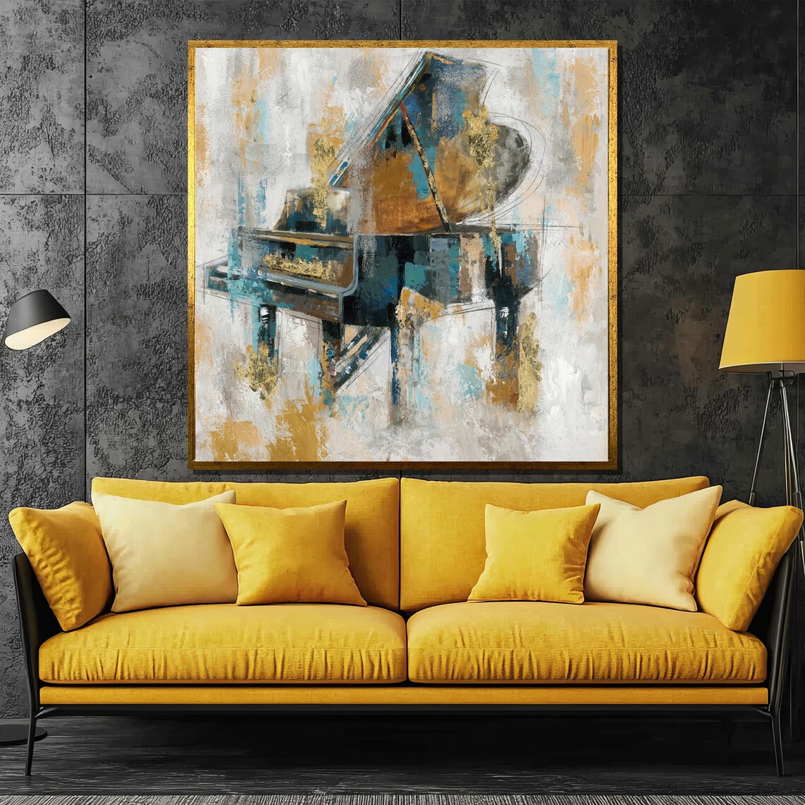 Abstract Gold and Blue Grand Piano Modern Brushstroke Art Poster