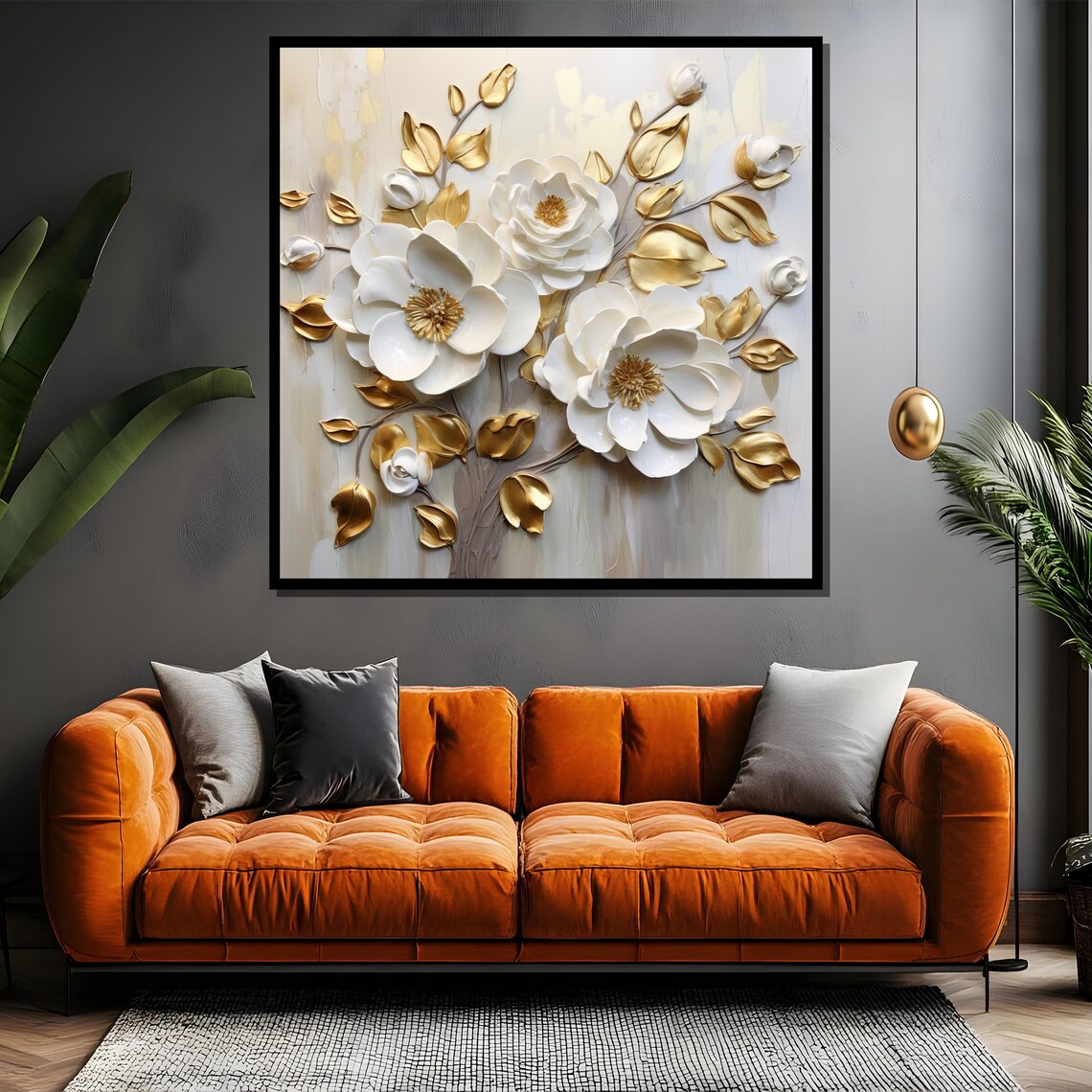 White 3D Flowers With Golden Leaves Luxury Floral Art Poster - Image 4
