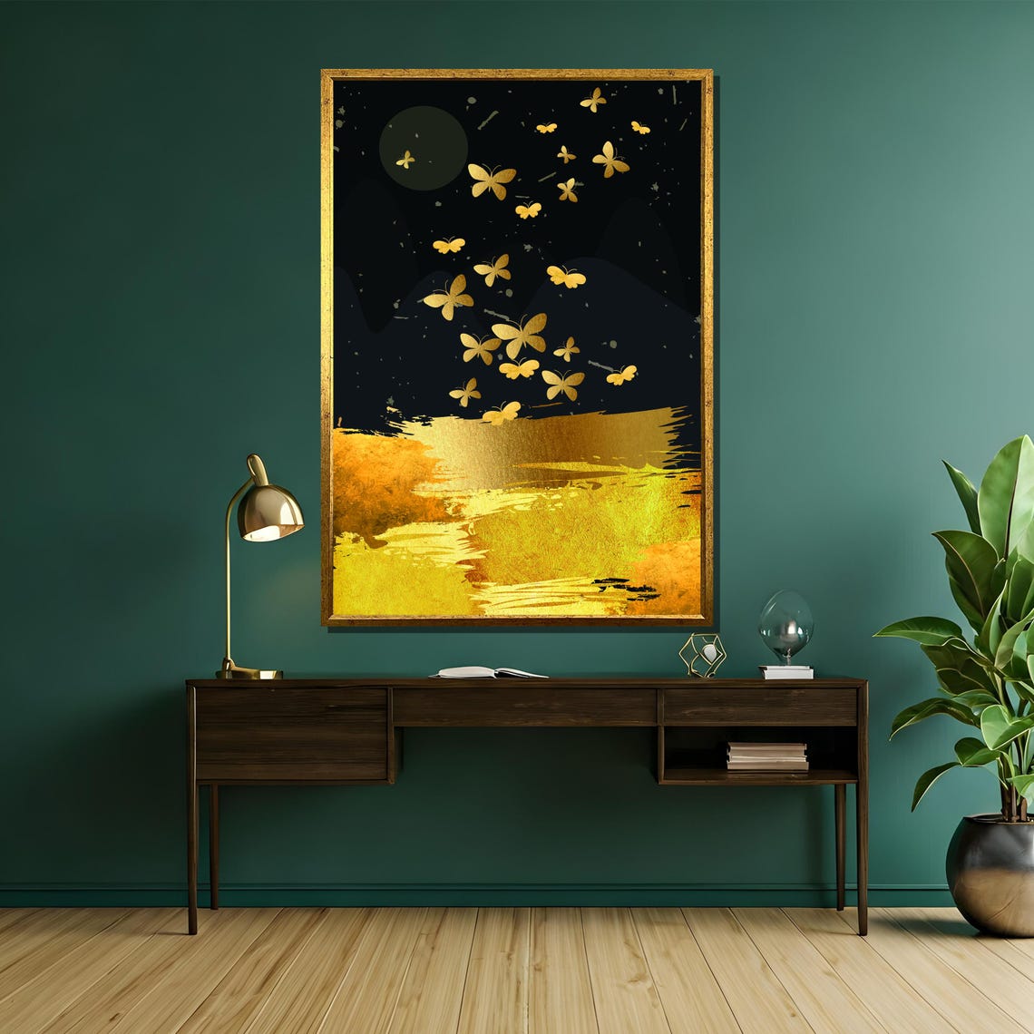 Golden Butterfly Flight Over Midnight Black and Gold Abstract Poster - Image 5