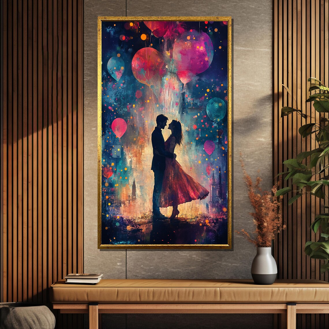 Romantic Couple Silhouette With Balloons City Night Art Poster - Image 5