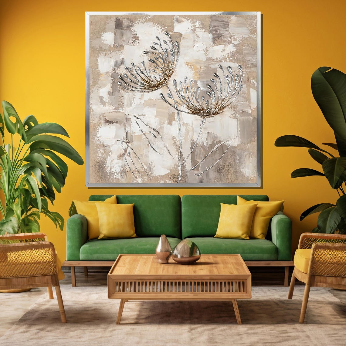 Silver Abstract Dandelion Flowers On Neutral Beige Art Poster - Image 3