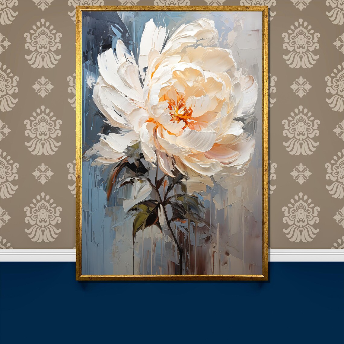 White Peony Warm Peach Center Blue Gray Floral Painting Poster