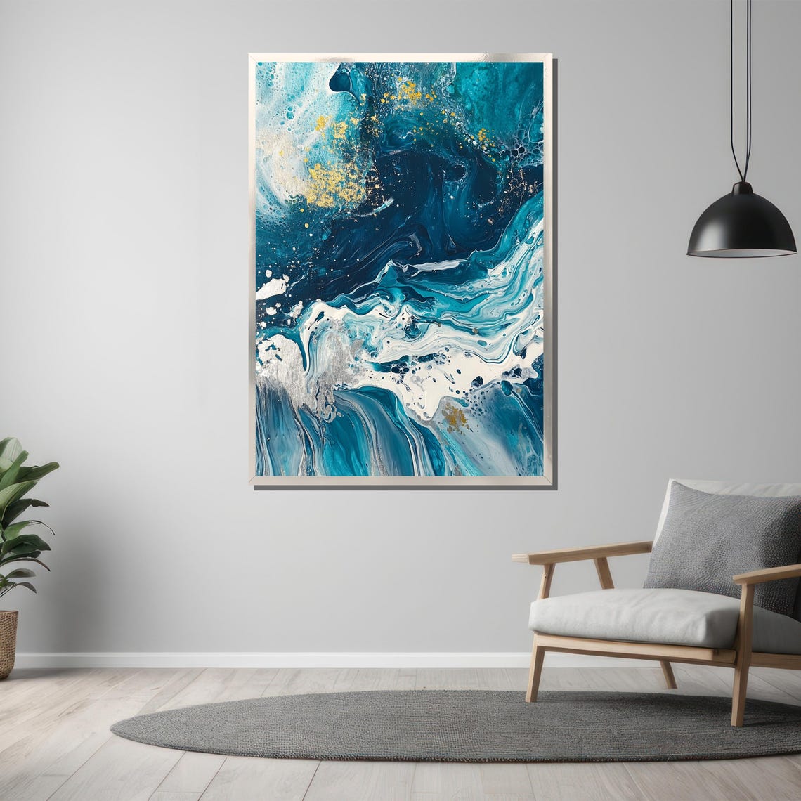 Deep Ocean Blue and Gold Fluid Marble Art Abstract Waves Poster - Image 3